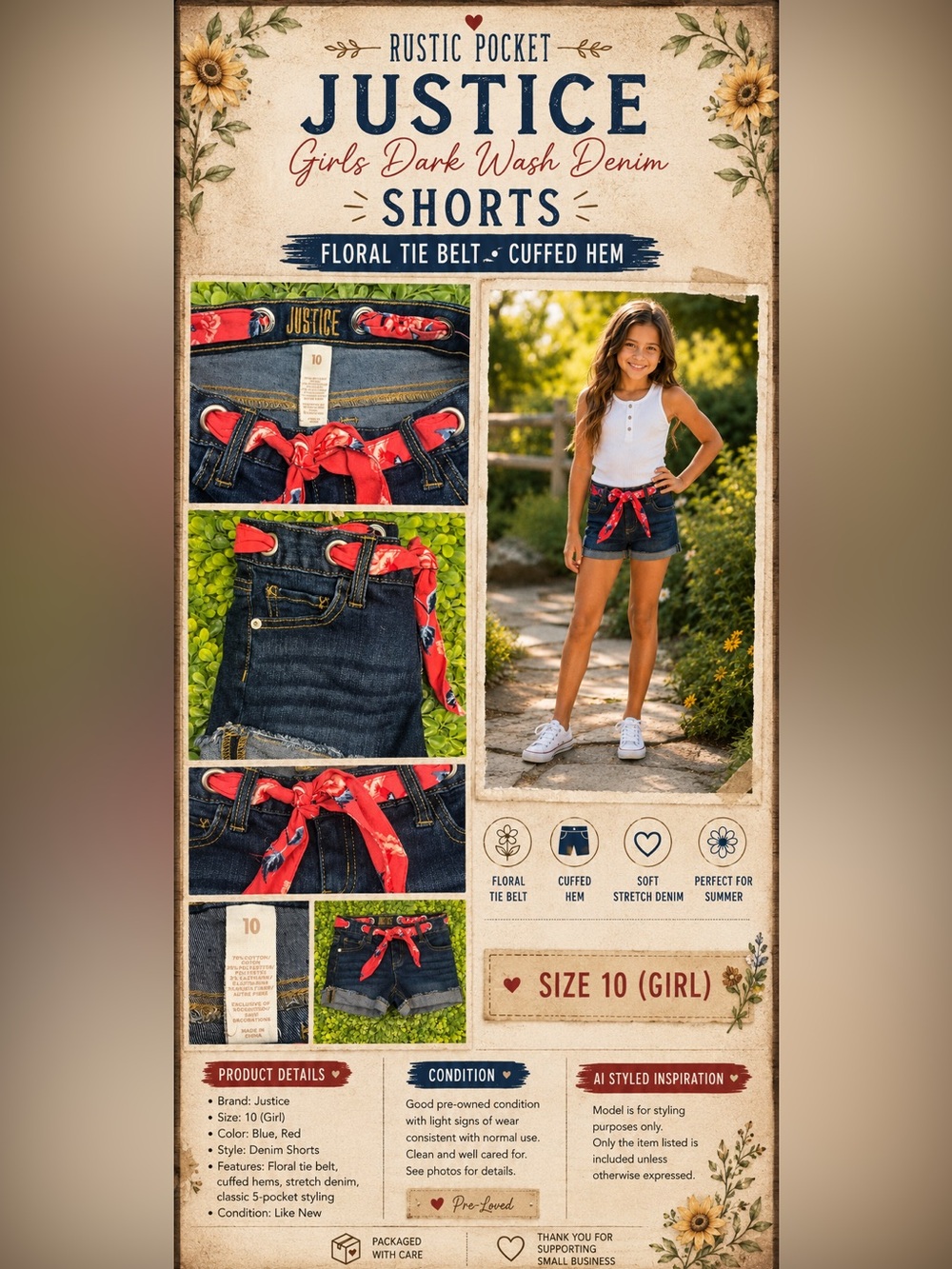 Justice Girls Dark Wash Denim Shorts Floral Tie Belt Cuffed Hem